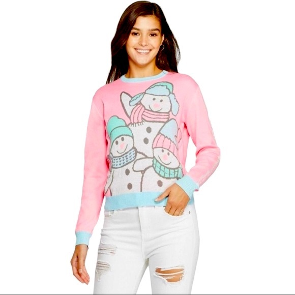 Well Worn Holiday Sweater size large pink & blue with snowmen cute sweater - Picture 1 of 12